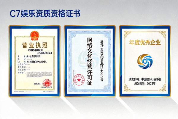 C7娱乐企业资质与发展历程配图 - 展示各类资质证书