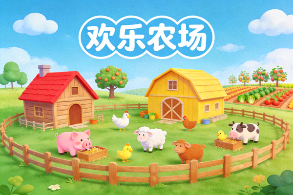 休闲游戏《欢乐农场》场景图 - 卡通风格的农场与可爱动物